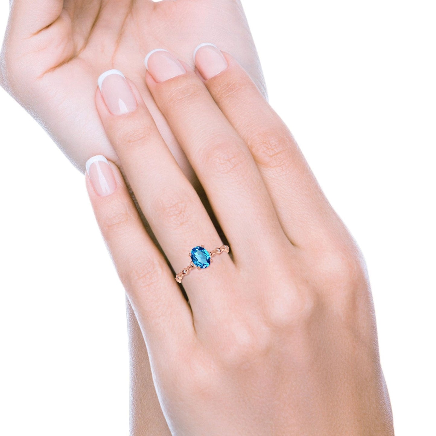 Bague de fiançailles en or rose 14 carats avec topaze bleue suisse naturelle ovale de 1,29 ct et diamant G SI, taille 6,5