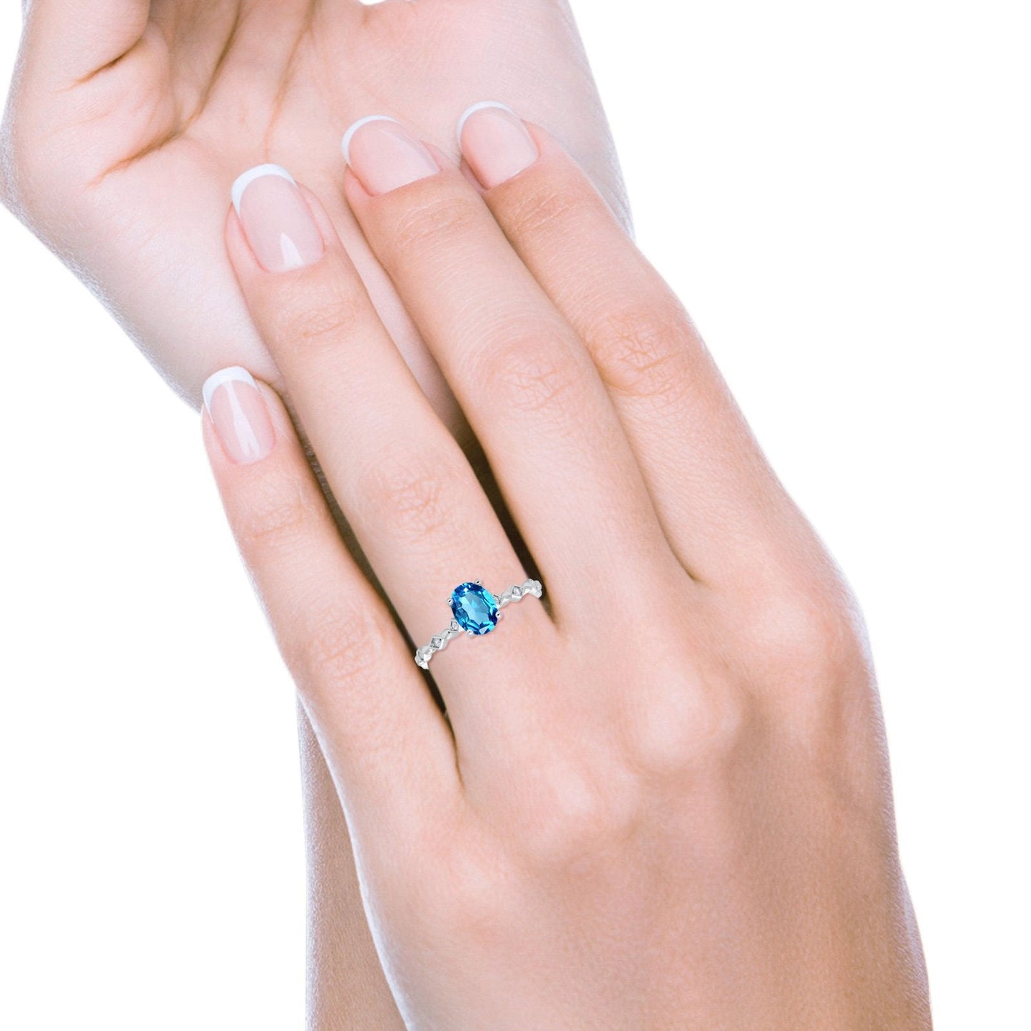 Bague de fiançailles en or blanc 14 carats avec topaze bleue suisse ovale naturelle de 1,29 ct et diamant G SI, taille 6,5