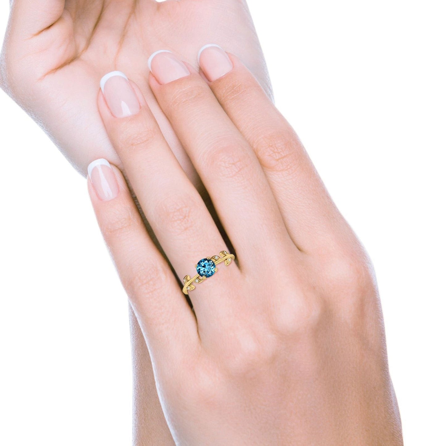 14K Yellow Gold 0.87ct Round Natural Swiss Blue Topaz G SI Diamond Engagement Ring Size 6.5