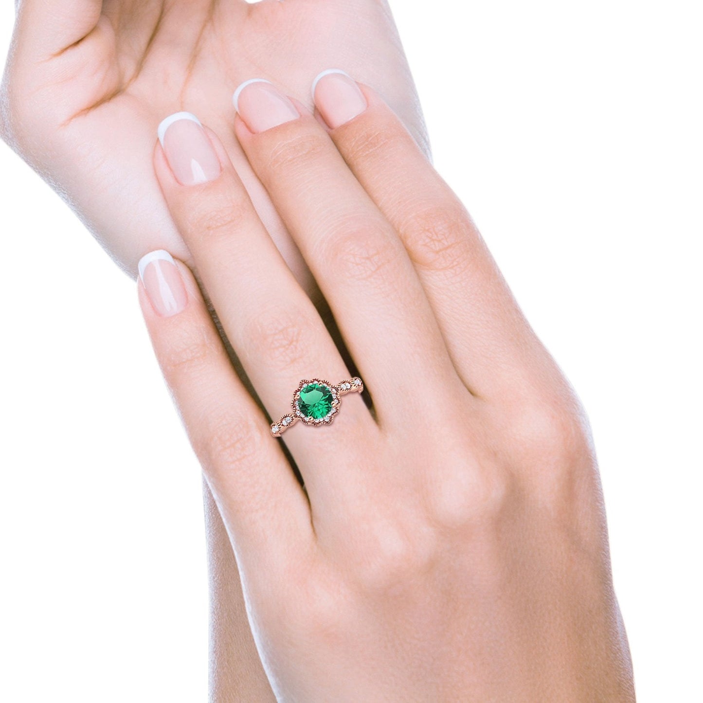 14K Rose Gold Round Nano Emerald 1.44ct G SI Diamond Engagement Ring Size 6.5