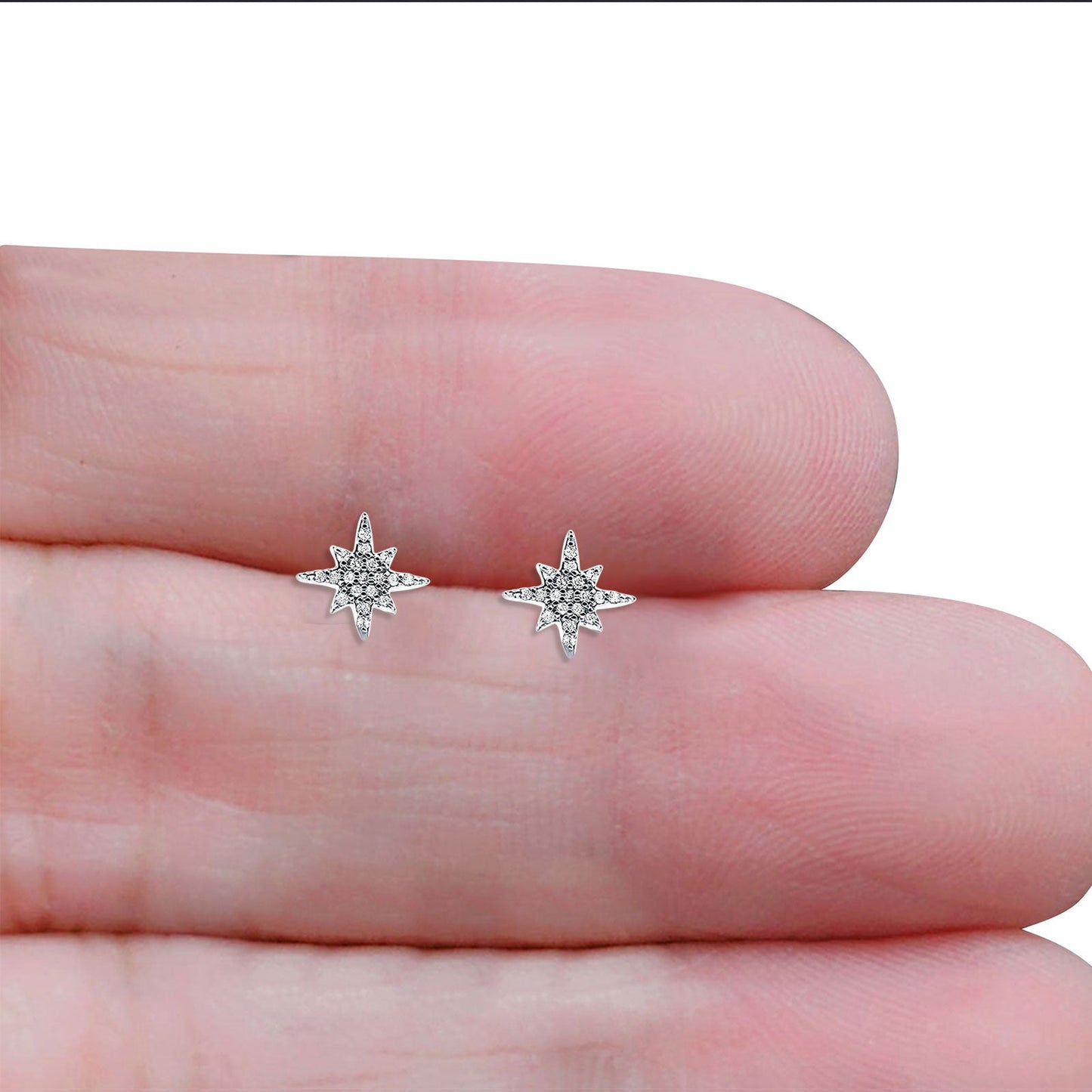 Boucles d'oreilles en or blanc massif 14 carats avec diamants en forme d'étoile minuscule en gros