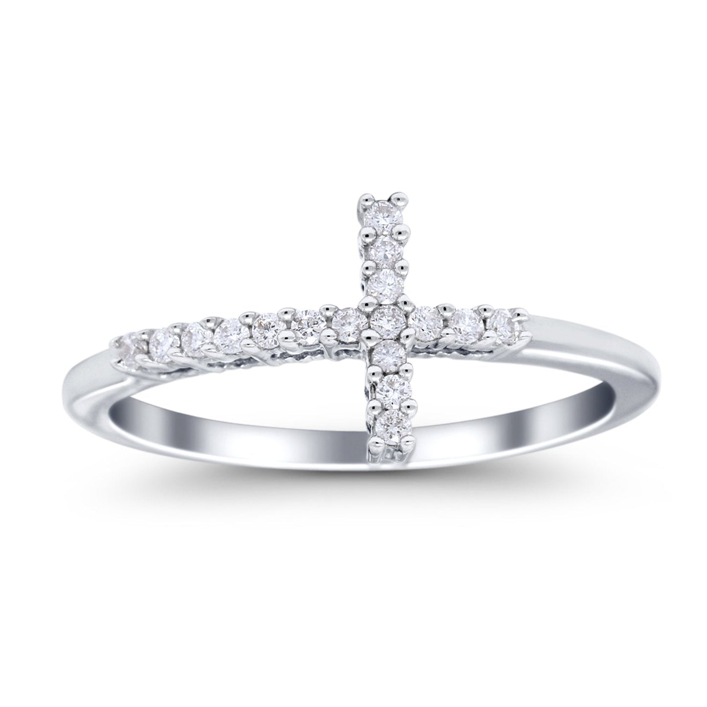 14K White Gold 0.12ct Round 9mm G SI Diamond Sideways Cross Eternity Band Engagement Wedding Ring Size 6.5