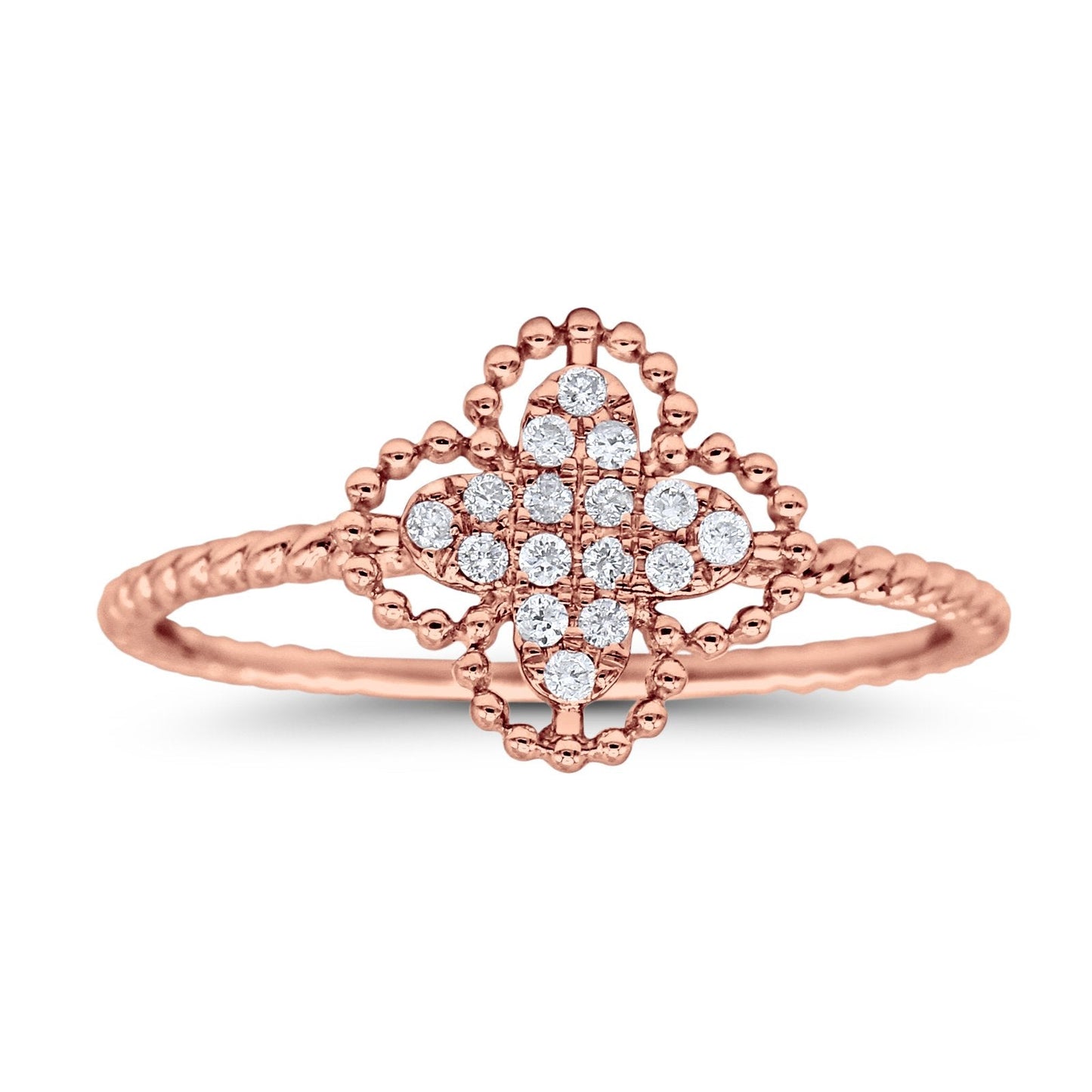 14K Rose Gold 0.09ct Round 9.5mm G SI Diamond Quatrefoil Flower Engagement Wedding Ring Size 6.5