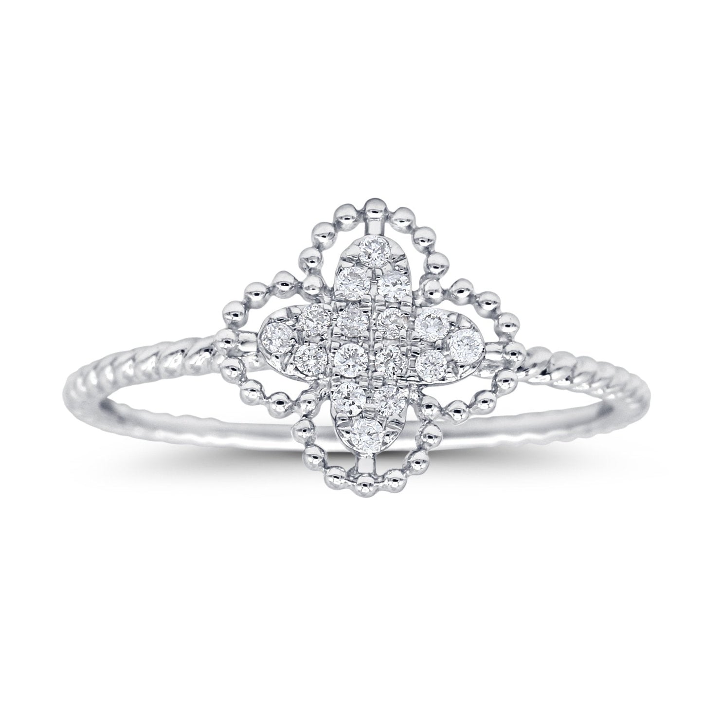 14K White Gold 0.09ct Round 9.5mm G SI Diamond Quatrefoil Flower Engagement Wedding Ring Size 6.5