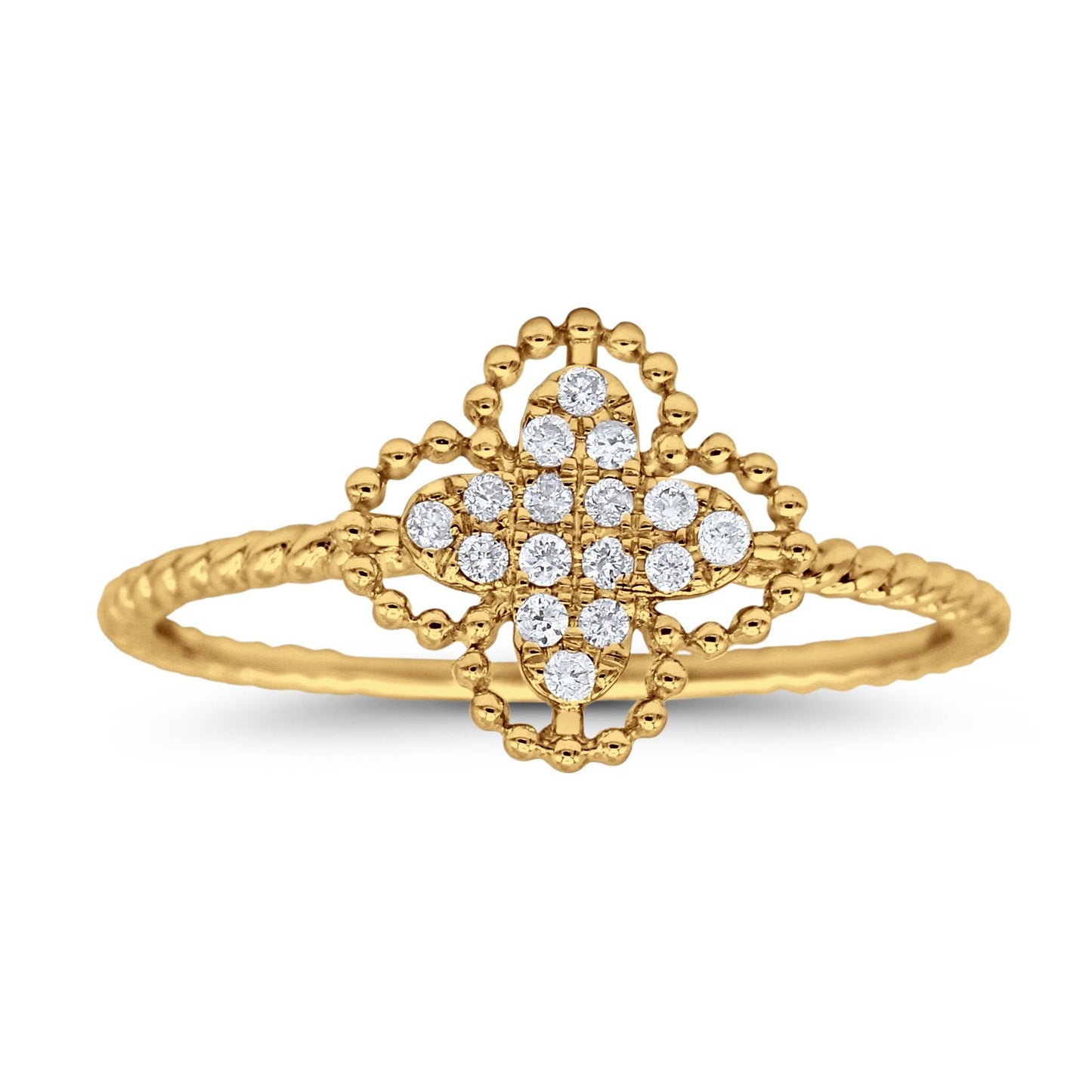 14K Yellow Gold 0.09ct Round 9.5mm G SI Diamond Quatrefoil Flower Engagement Wedding Ring Size 6.5