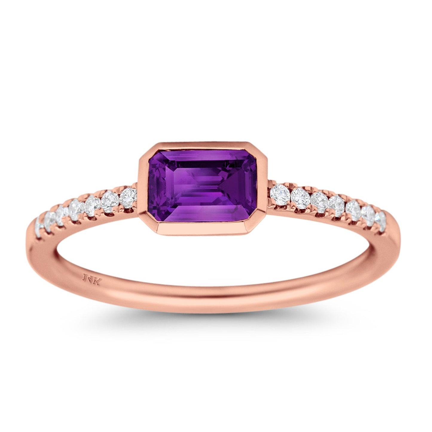 14K Rose Gold 0.61ct Trendy Emerald Cut Amethyst 5.2mm G SI Diamond Engagement Wedding Ring Size 6.5