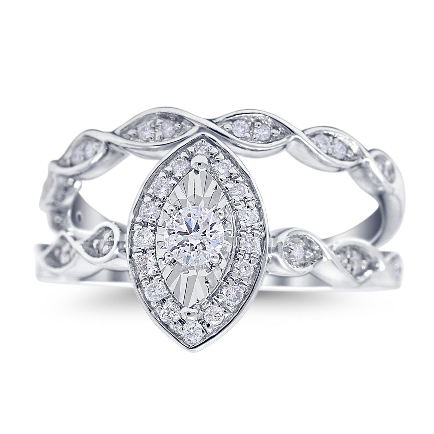 14K White Gold 0.34ct Marquise Shaped 12mm G SI Diamond Engagement Wedding Bridal Set Ring Size 6.5