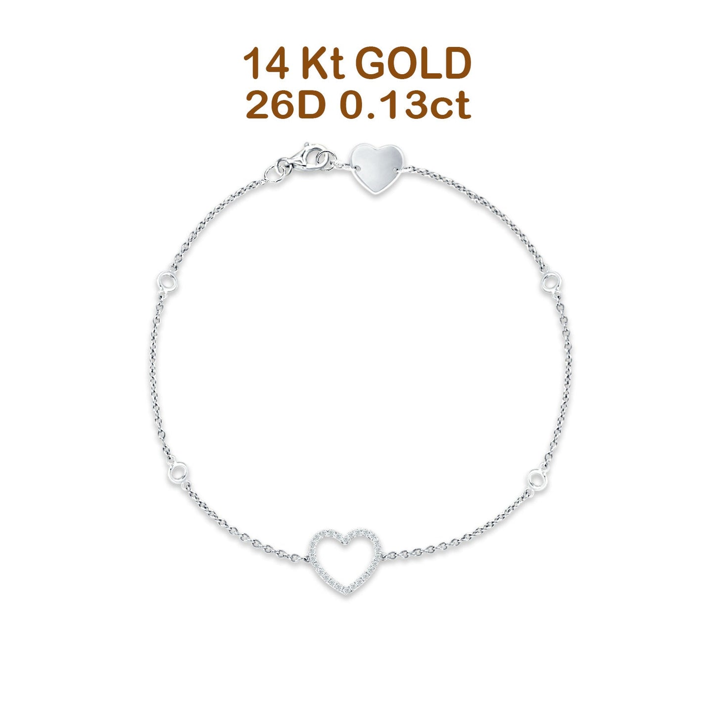 14K White Gold 7InchOpen Heart Bracelet Round Natural Diamond Wholesale