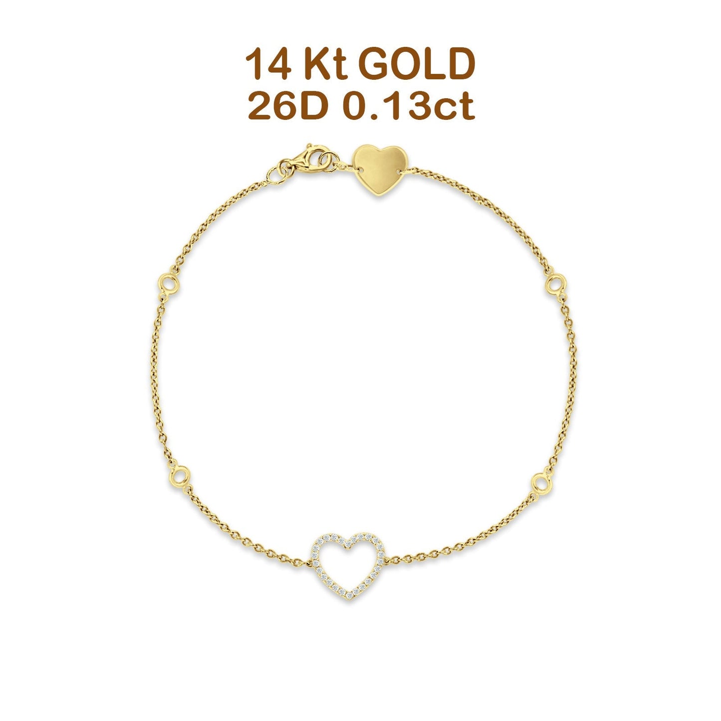 14K Yellow Gold 7 Inch Open Heart Bracelet Round Natural Diamond Wholesale