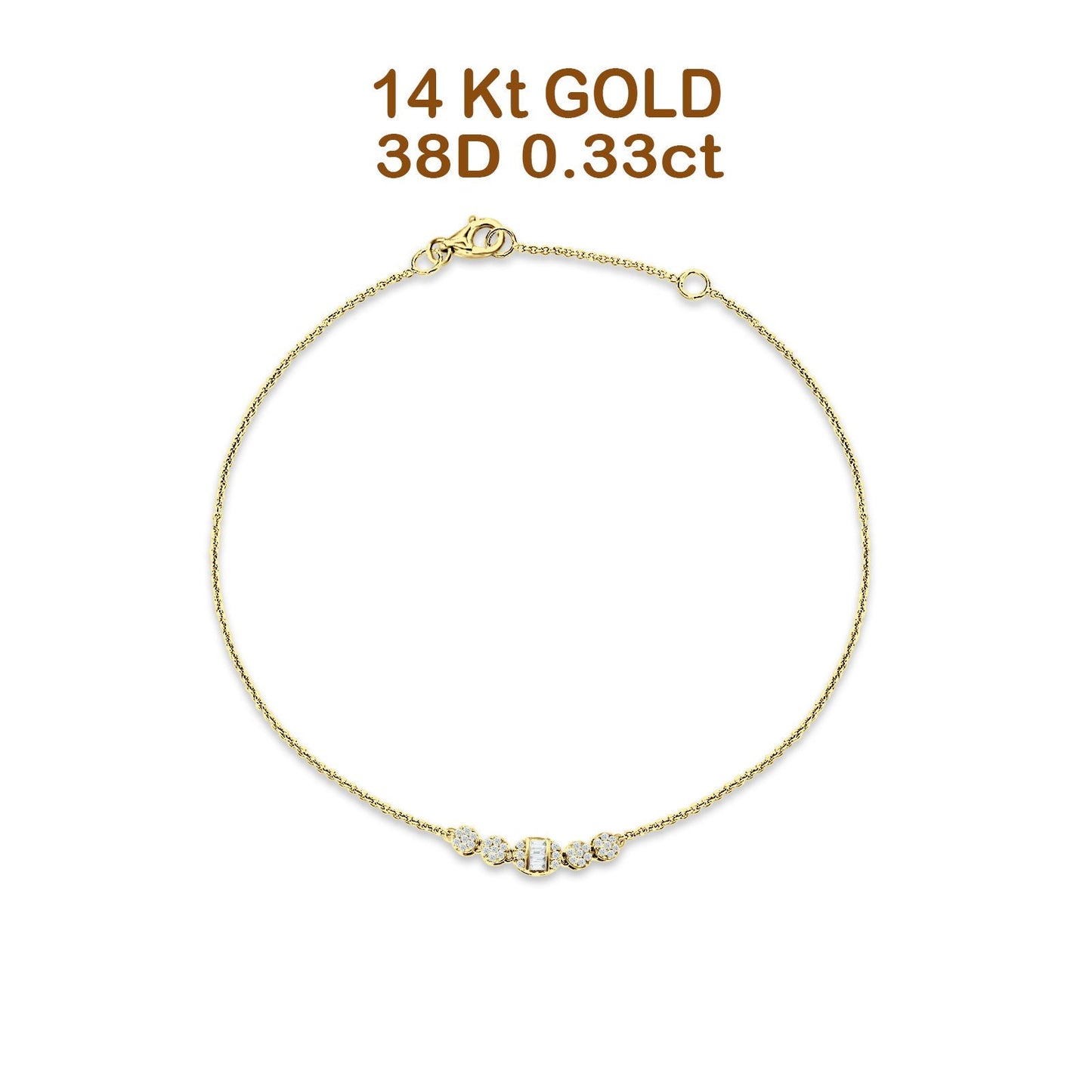 14K Yellow Gold 7" Link Chain Five Circle Bracelet Round & Baguette Diamond Wholesale