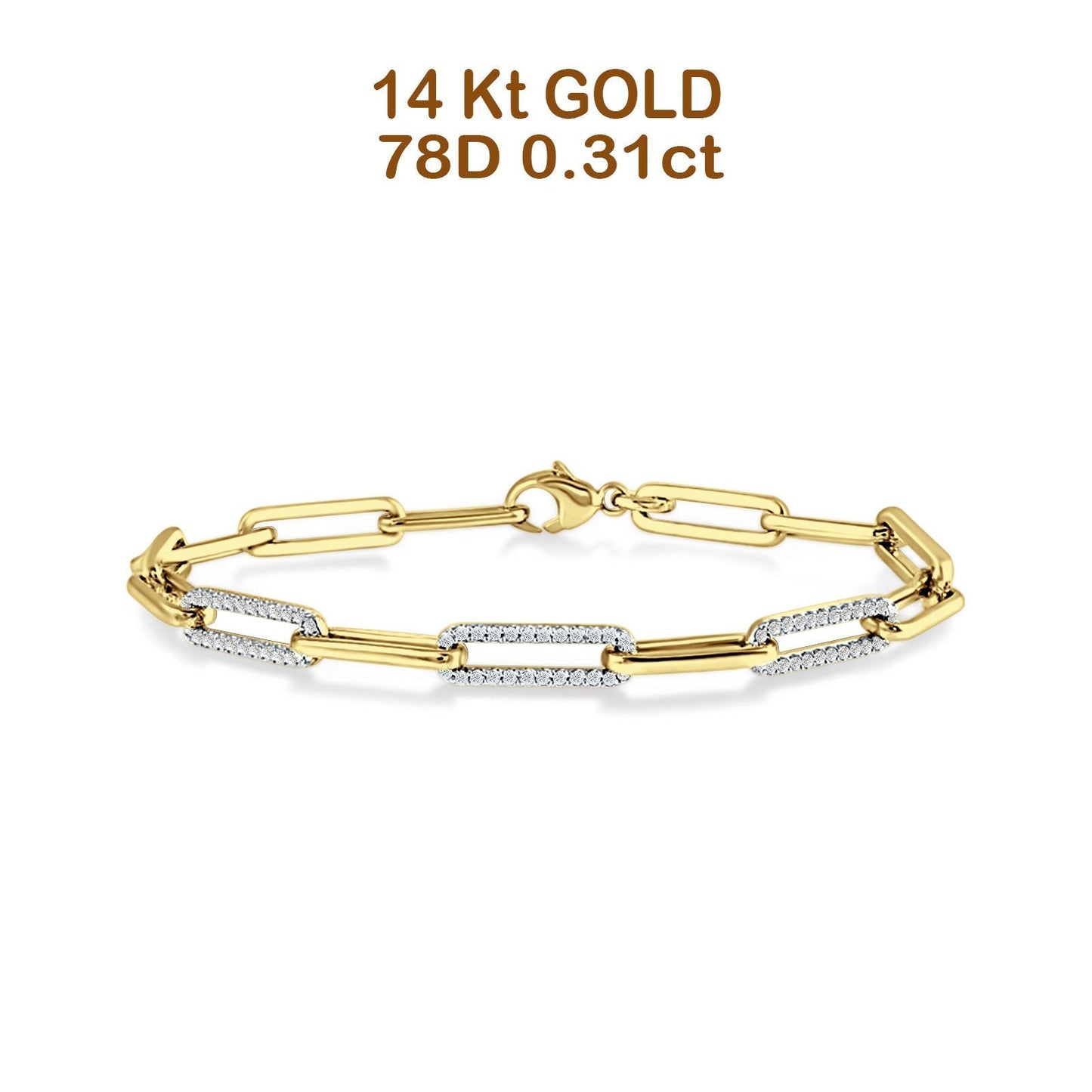 14K Yellow Gold 7 Inch Link Chain Paperclip Bracelet Round Natural Diamond Wholesale