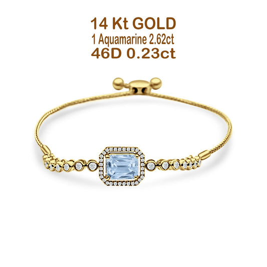 14K Yellow Gold Emerald Cut Aquamarine Adjustable Bolo Chain Bracelet Natural Diamond Wholesale