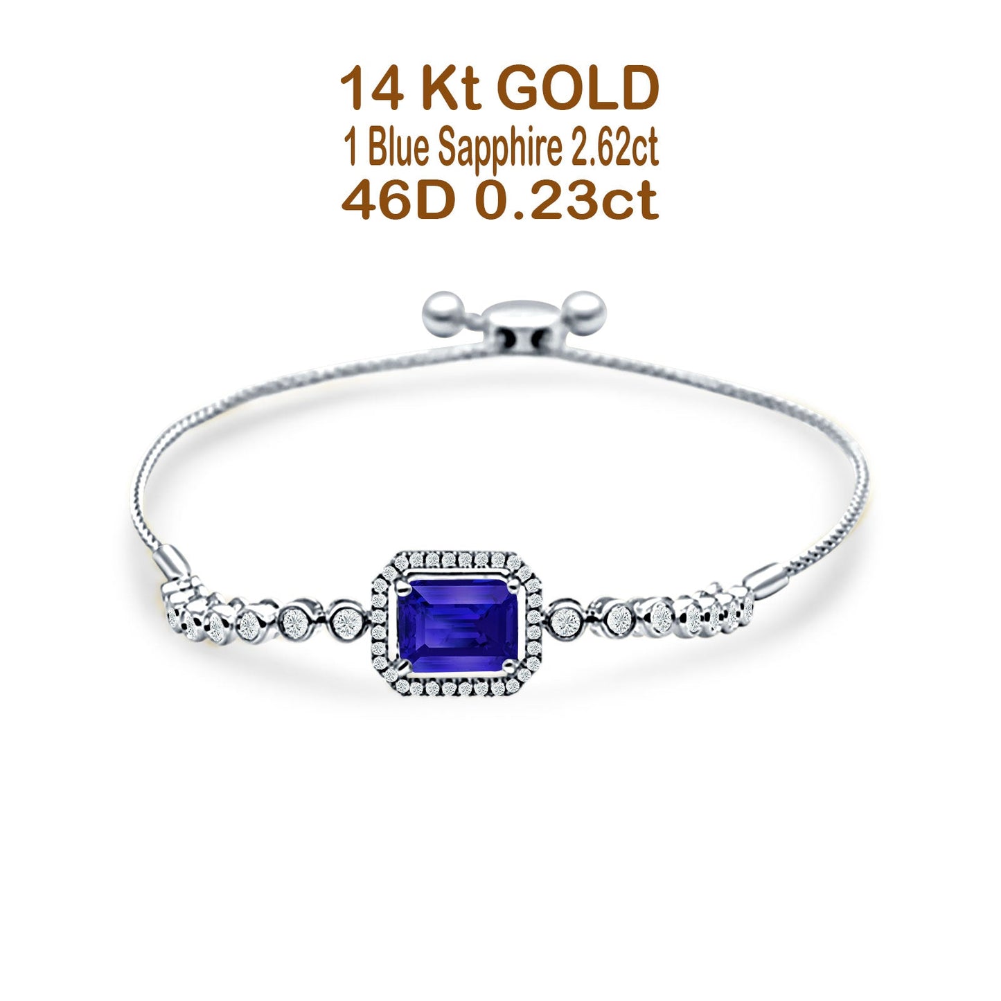 14K White Gold Emerald Cut Blue Sapphire Adjustable Bolo Chain Bracelet Natural Diamond Wholesale