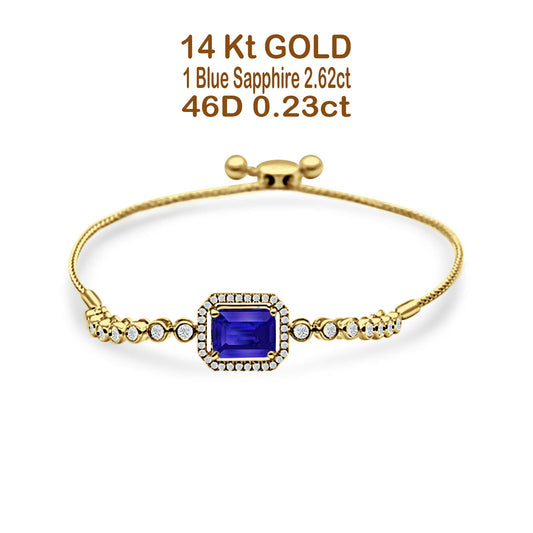 14K Yellow Gold Emerald Cut Blue Sapphire Adjustable Bolo Chain Bracelet Natural Diamond Wholesale