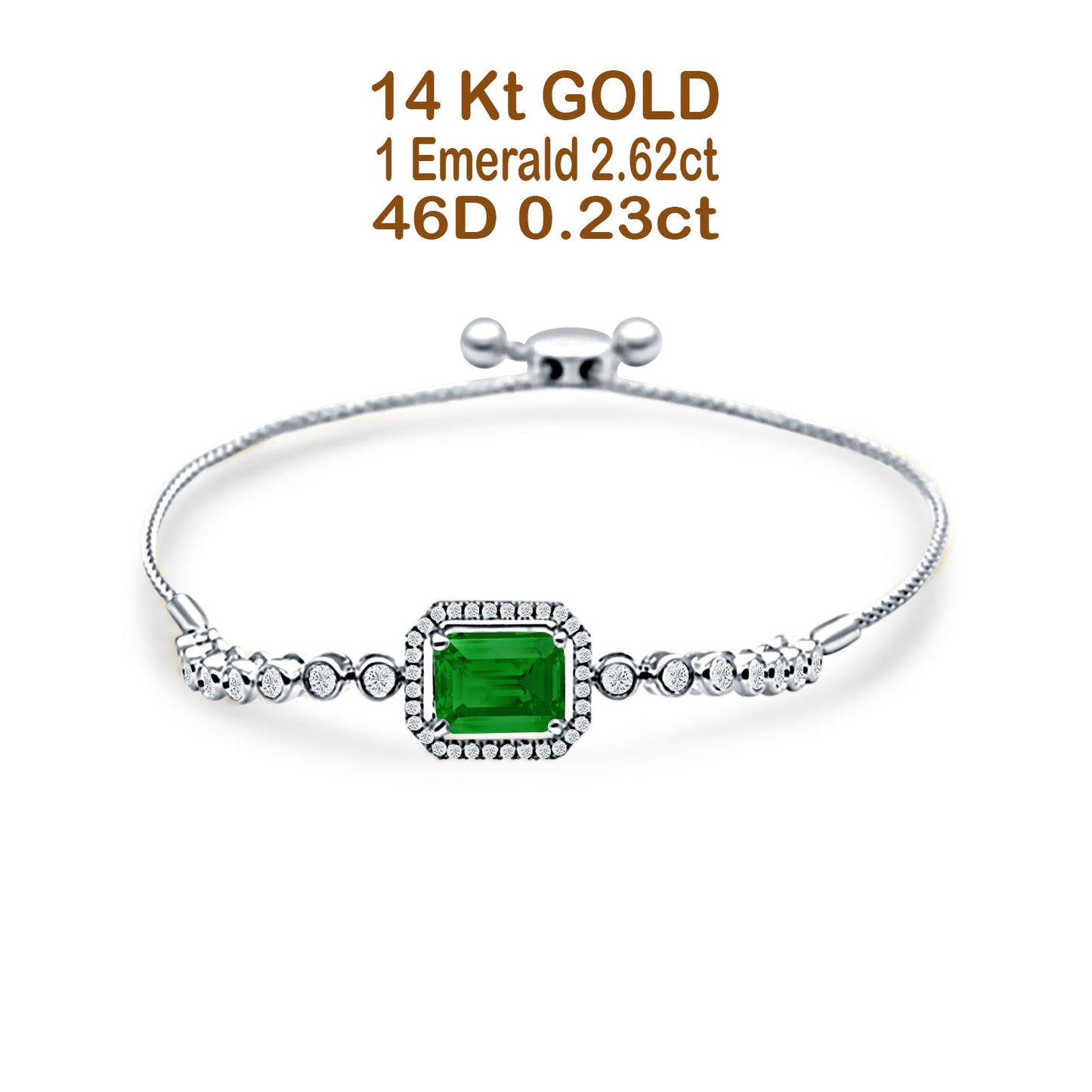 14K White Gold Emerald Cut Green Emerald Adjustable Bolo Chain Bracelet Natural Diamond Wholesale