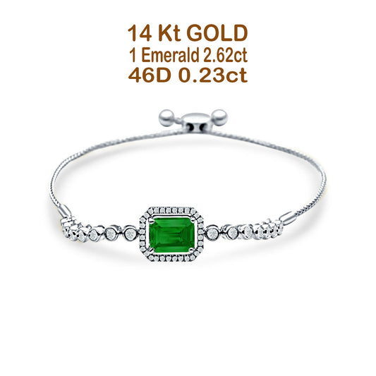 14K White Gold Emerald Cut Green Emerald Adjustable Bolo Chain Bracelet Natural Diamond Wholesale