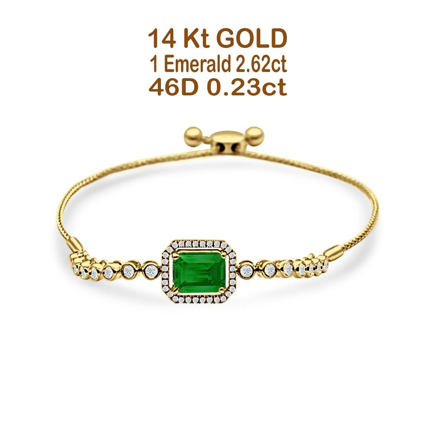 14K Yellow Gold Emerald Cut Green Emerald Adjustable Bolo Chain Bracelet Natural Diamond Wholesale