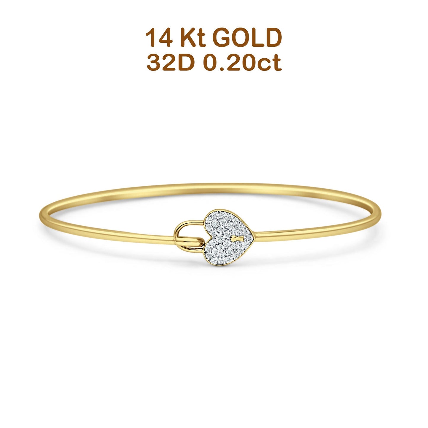 14K Yellow Gold 2.09mm Heart Lock Bangle Bracelet Round Natural Diamond Wholesale