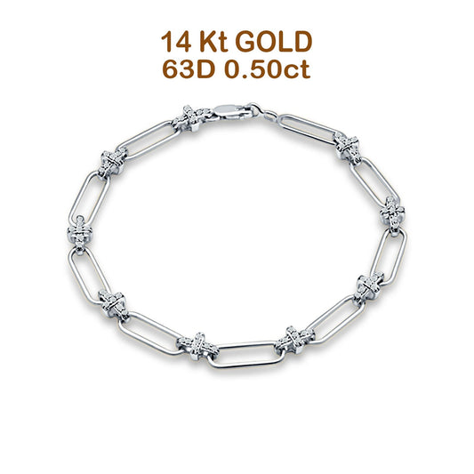 14K White Gold Paperclip Style Cross Design Round Natural Diamond Bracelet Wholesale