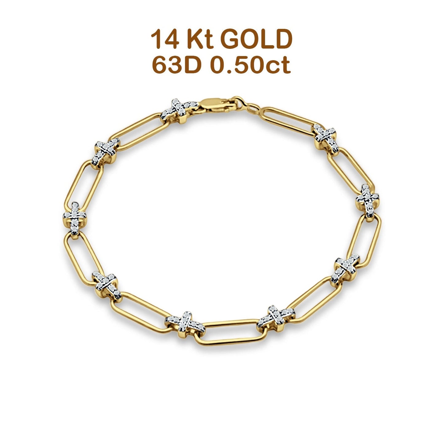 14K Yellow Gold Paperclip Style Cross Design Round Natural Diamond Bracelet Wholesale