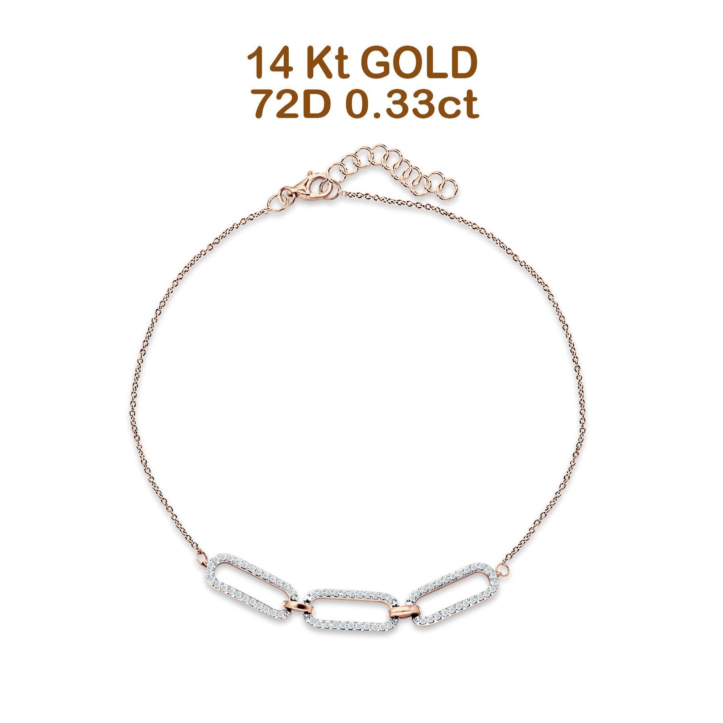 14K Rose Gold 7-9 Inch Paperclip Link Chain Bracelet Round Natural Diamond Wholesale