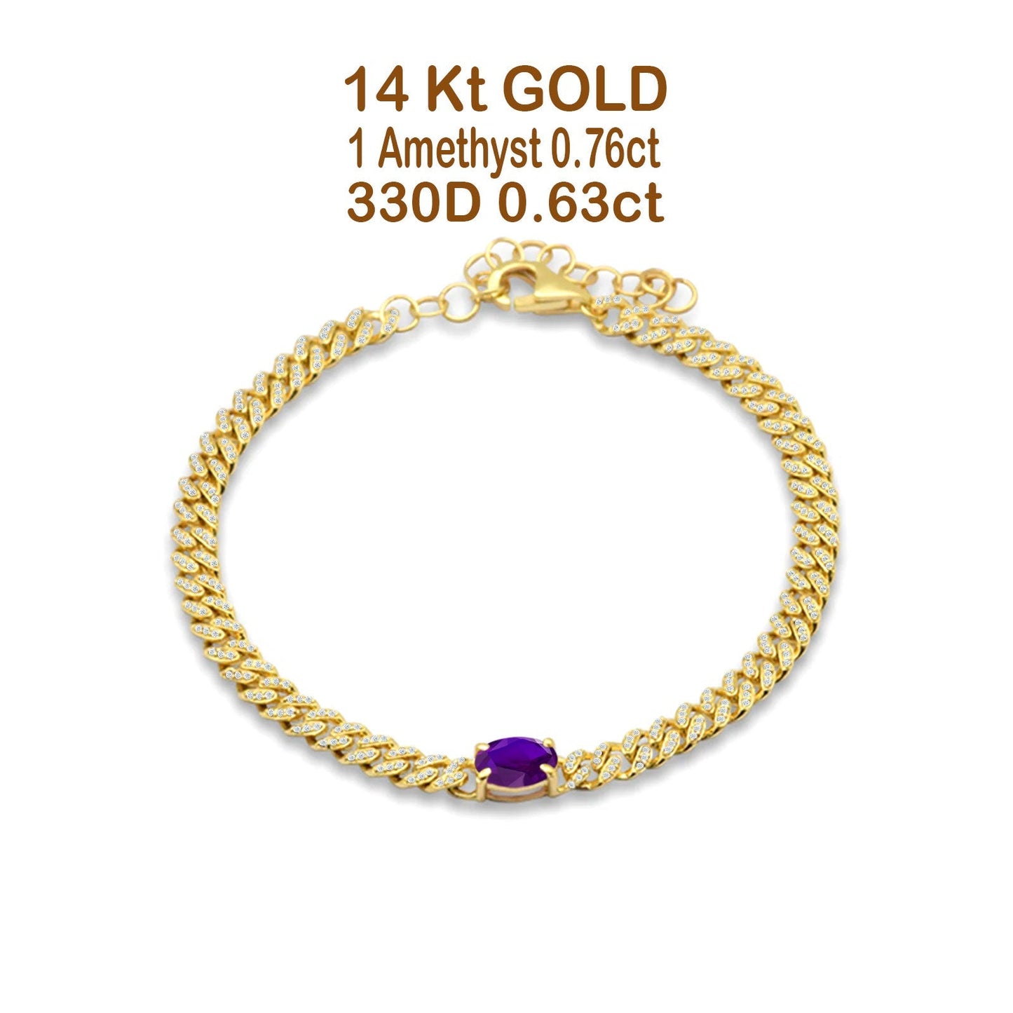 14K Yellow Gold Oval Amethyst Cluster Natural Diamond Cuban Link Chain Bracelet Wholesale