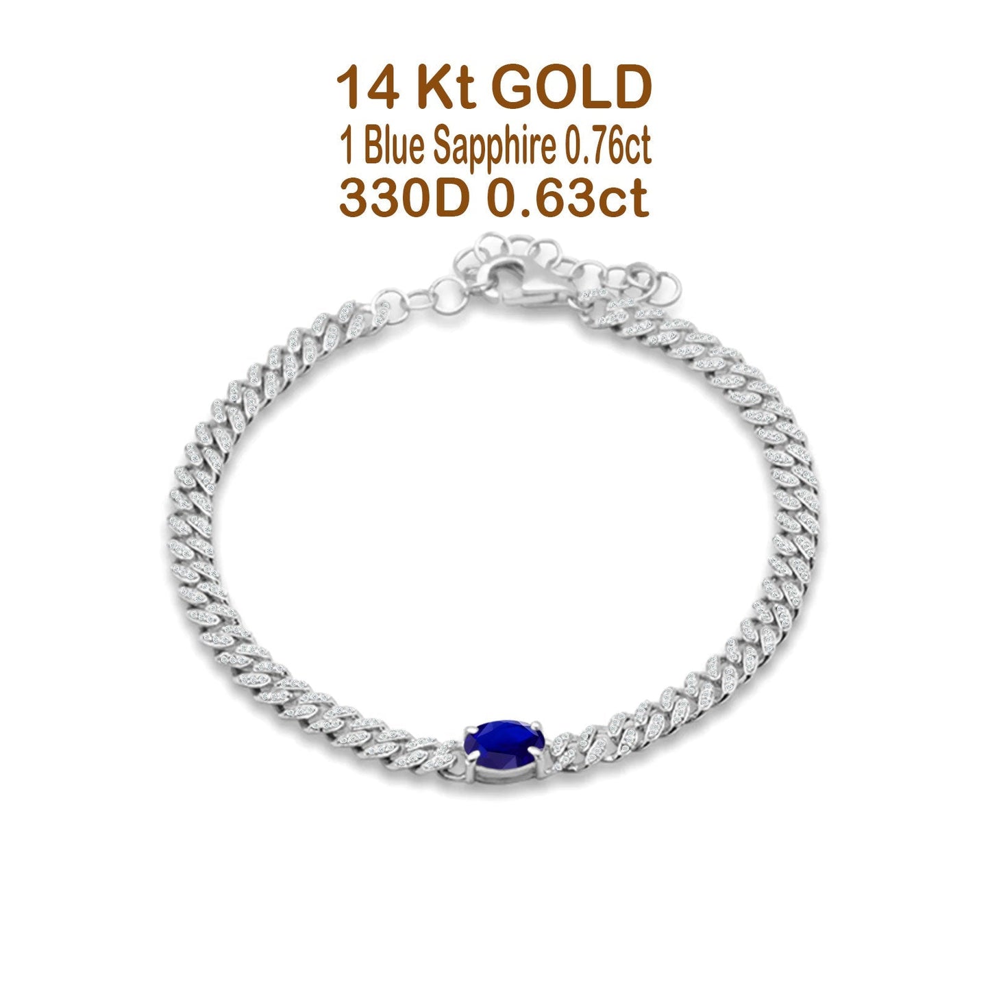 14K White Gold Oval Blue Sapphire Cluster Natural Diamond Cuban Link Chain Bracelet Wholesale