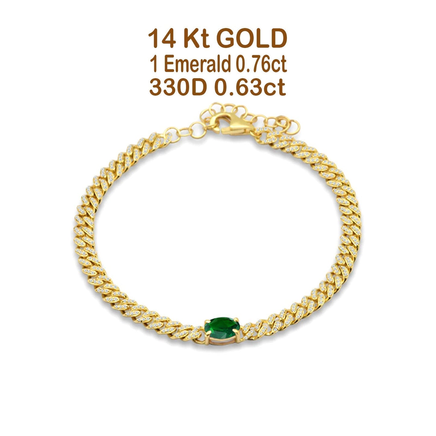 14K Yellow Gold Oval Green Emerald Cluster Natural Diamond Cuban Link Chain Bracelet Wholesale