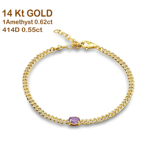 14K Yellow Gold Oval Amethyst 4mm Link Chain Bracelet Natural Diamond Wholesale