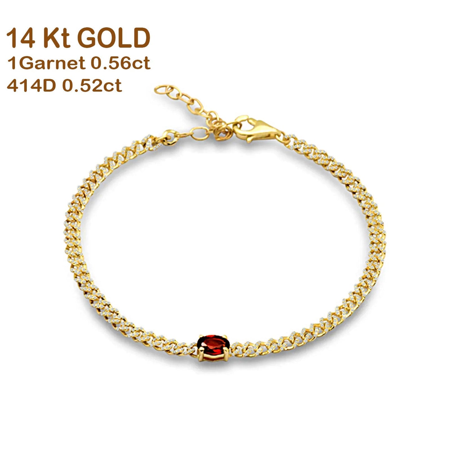 14K Yellow Gold Oval Garnet 4mm Link Chain Bracelet Natural Diamond Wholesale