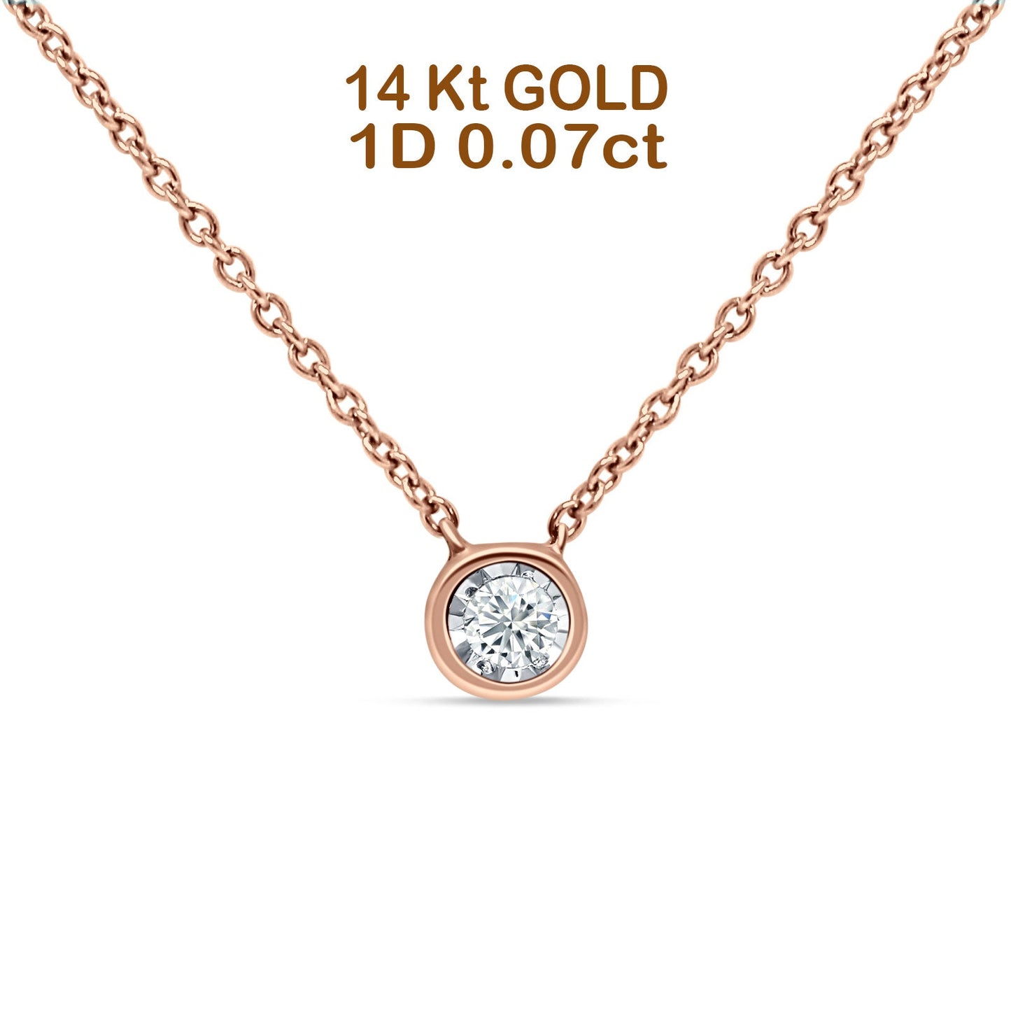 14K Rose Gold 0.07ct Solitaire Bezel Set Diamond Pendant Chain Necklace 18" Long Wholesale