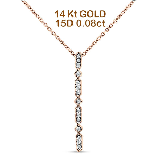 14K Rose Gold 0.08ct Diamond Drop Vertical Bar Pendant Chain Necklace 18" Long Wholesale