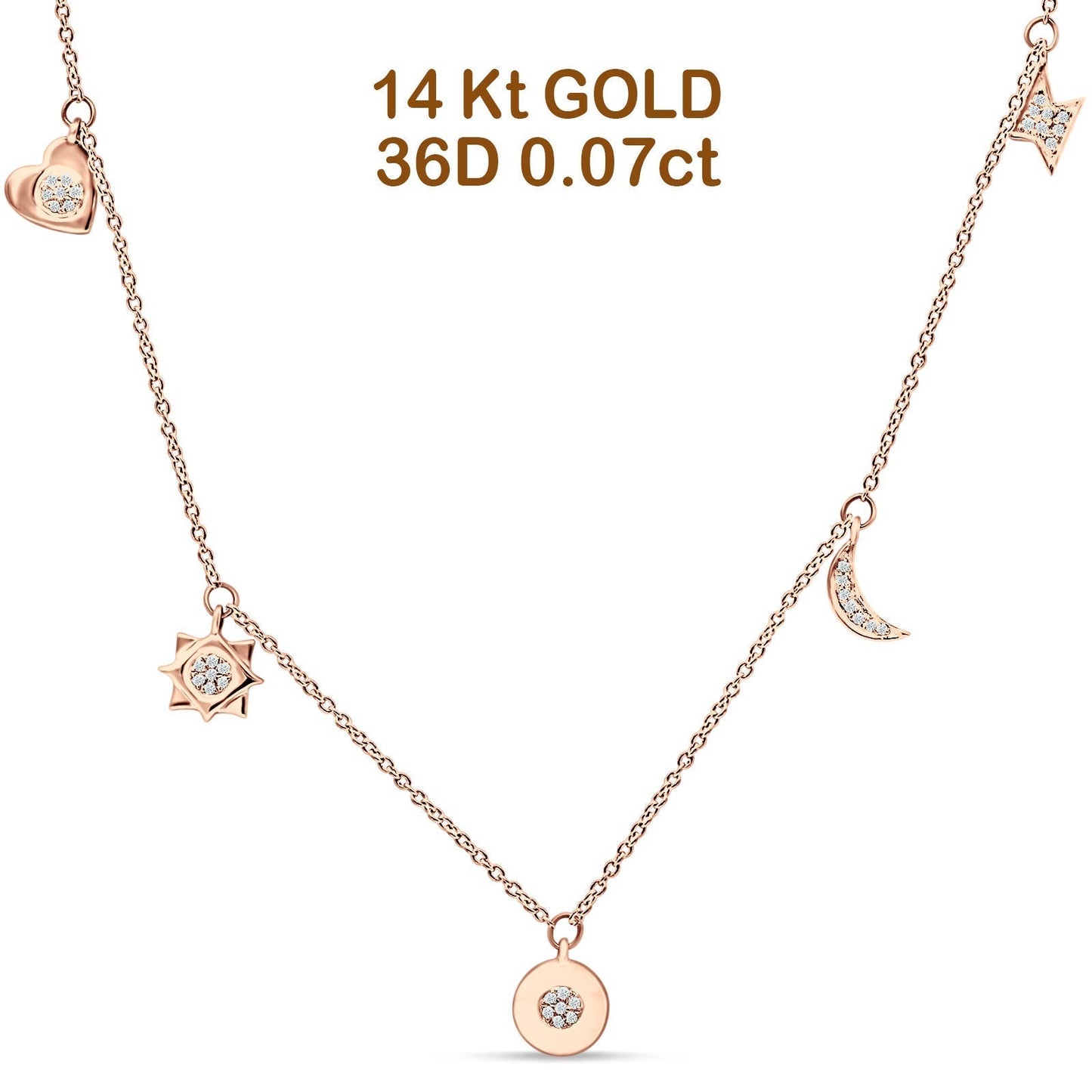 Dangling Moon Star Heart Diamond Necklace 14K Rose Gold 0.07ct Wholesale