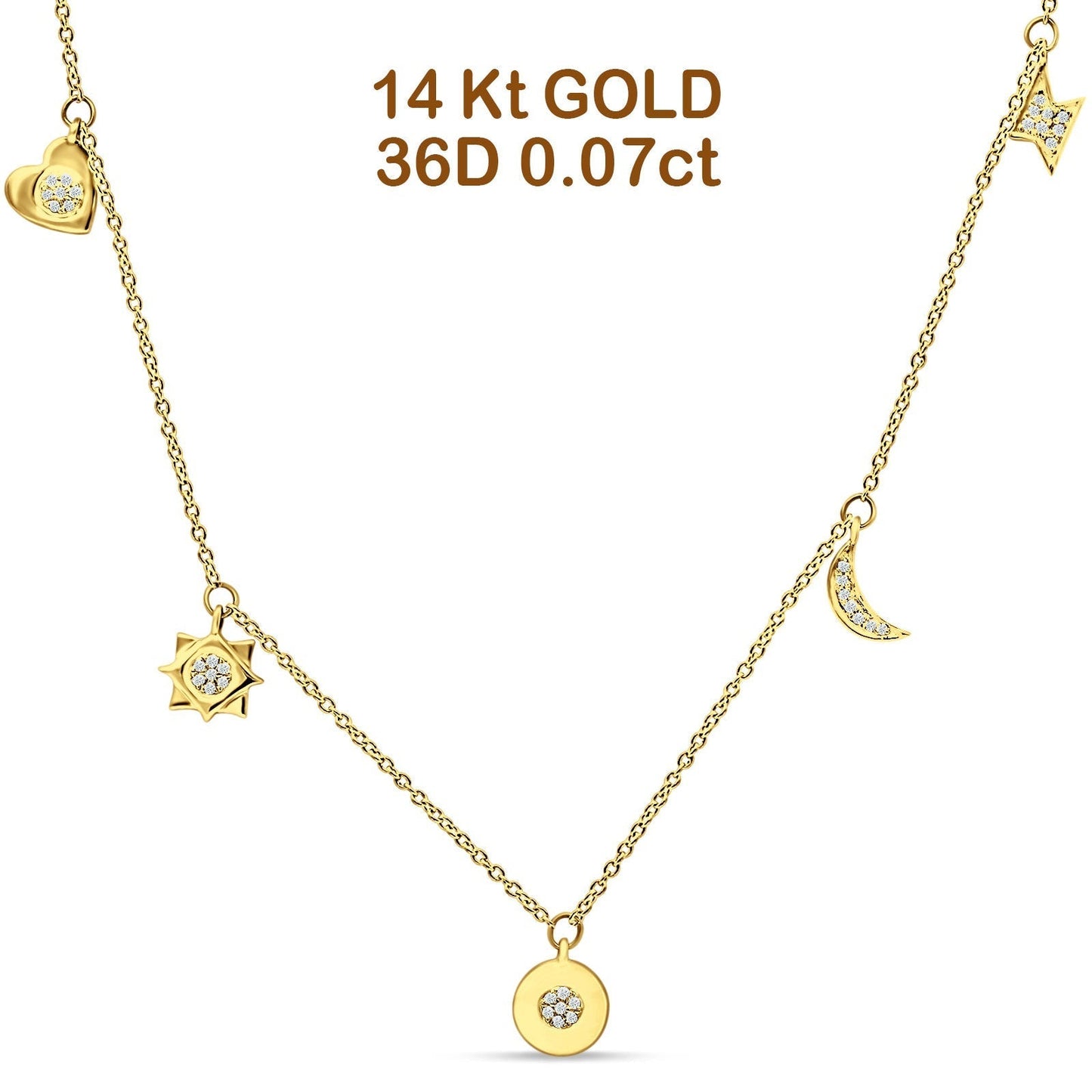 Dangling Moon Star Heart Diamond Necklace 14K Yellow Gold 0.07ct Wholesale