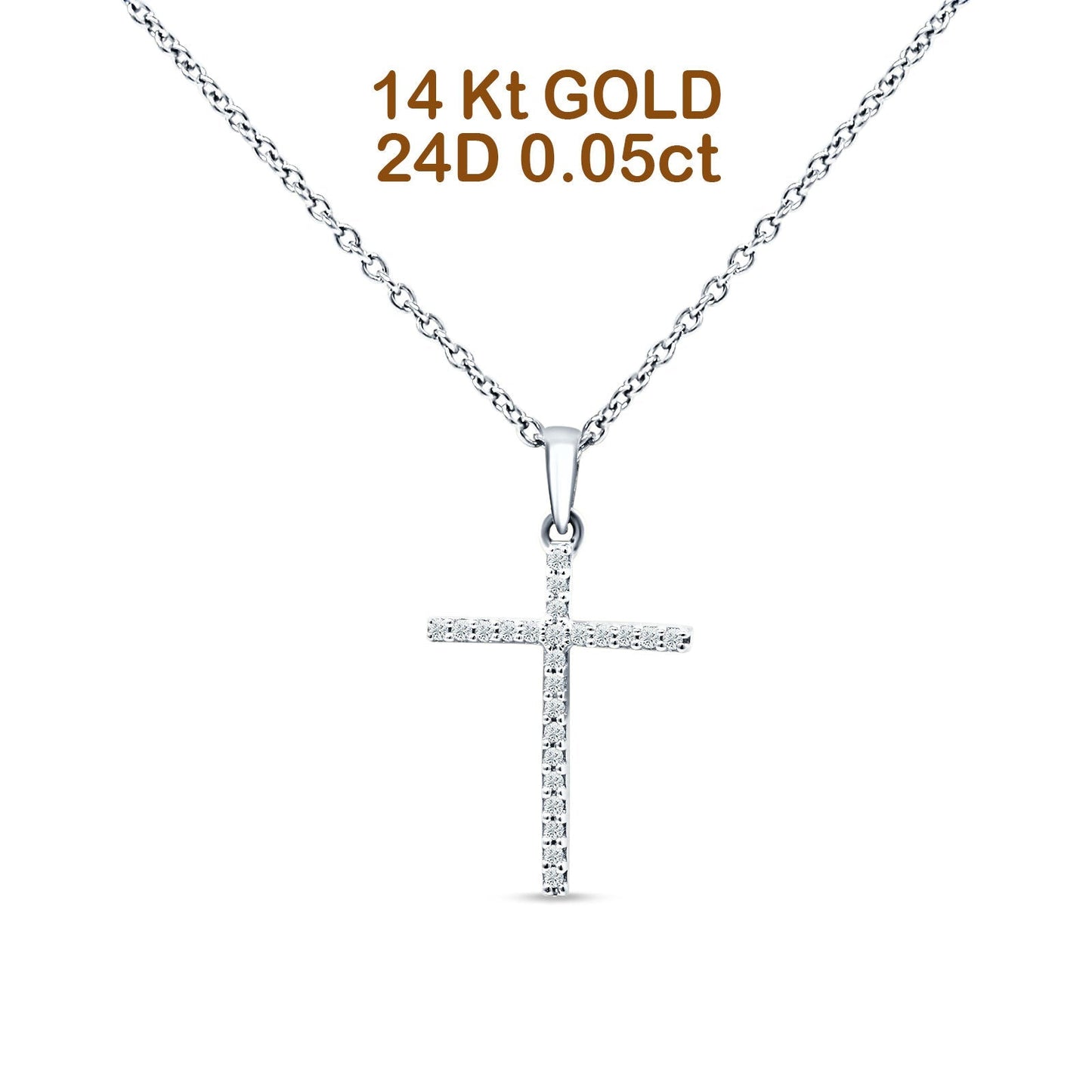 14K White Gold 0.05ct Diamond Cross Pendant Necklace 18" Long Wholesale