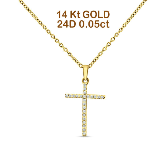 14K Yellow Gold 0.05ct Diamond Cross Pendant Necklace 18" Long Wholesale