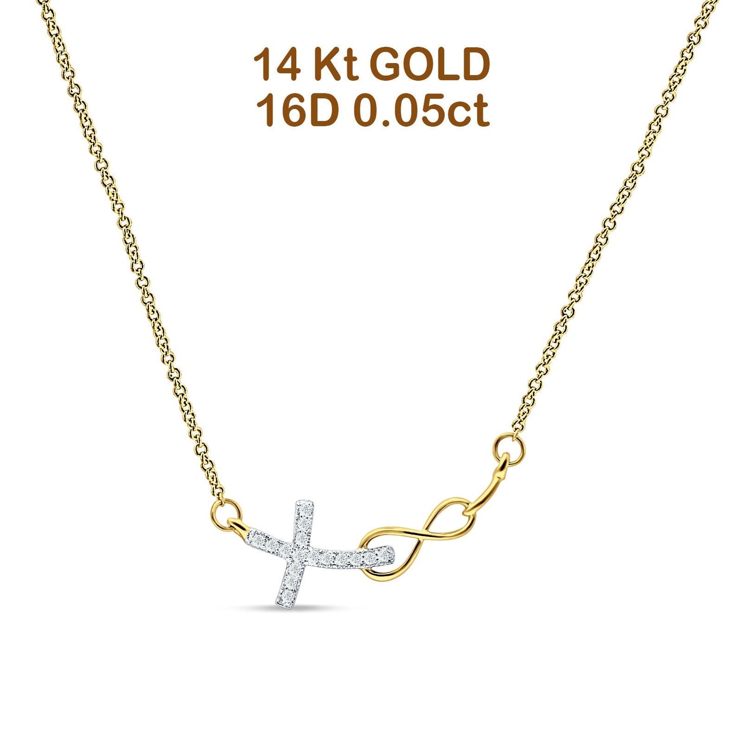 Cross Pendant Diamond Infinity Necklace 14K Yellow Gold 0.05ct Wholesale