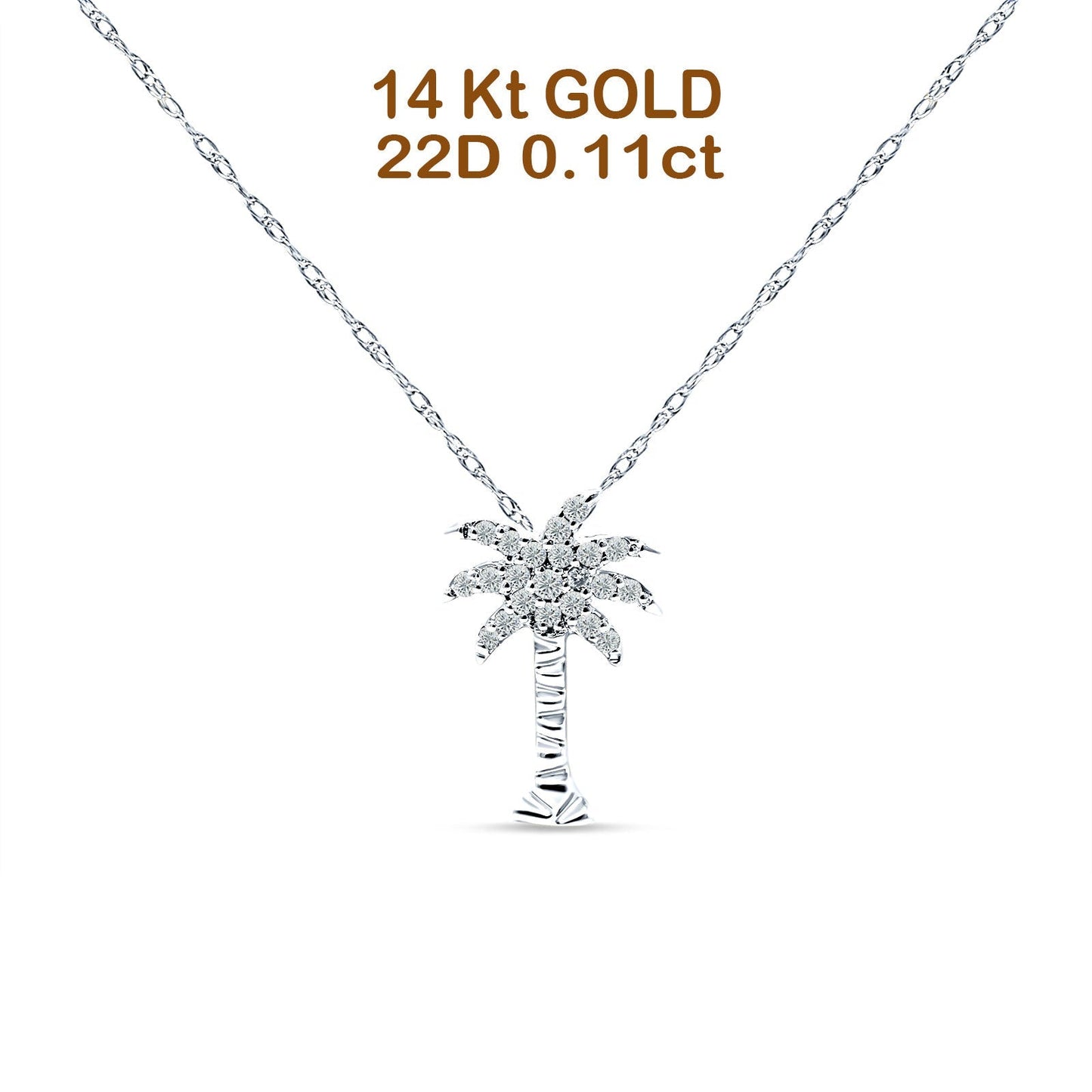 14K White Gold 0.11ct Palm Tree Diamond Pendant Chain Necklace 18" Long Wholesale