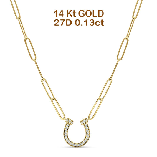 Diamond Horseshoe Necklace Paper Clips Chain 14K Yellow Gold 0.13ct Wholesale