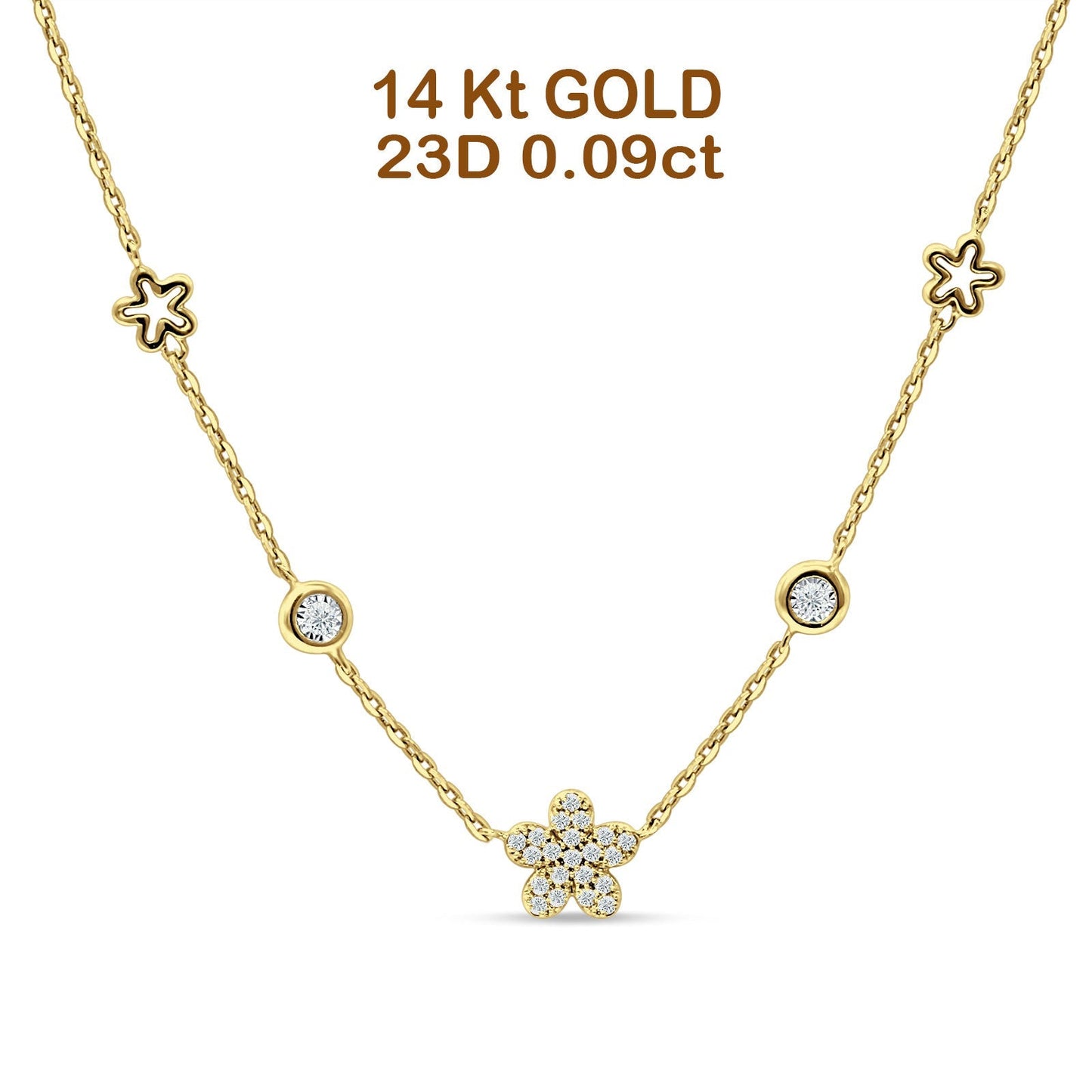 Diamond Flower Star Pendant Necklace 14K Yellow Gold 0.09ct Wholesale