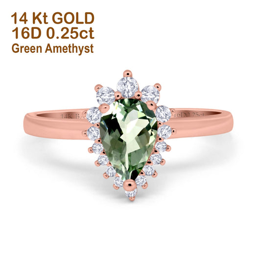 14K Rose Gold 2.00ct Teardrop Pear 9mmx7mm G SI Natural Green Amethyst Diamond Engagement Wedding Ring Size 6.5