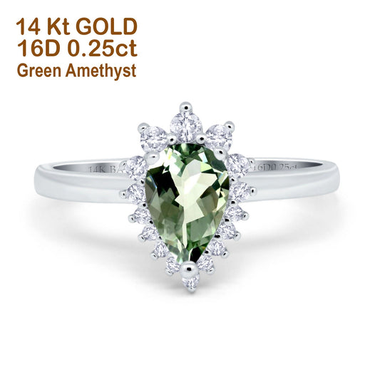 14K White Gold 2.00ct Teardrop Pear 9mmx7mm G SI Natural Green Amethyst Diamond Engagement Wedding Ring Size 6.5