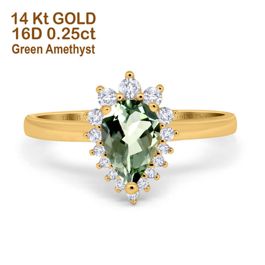 14K Yellow Gold 2.00ct Teardrop Pear 9mmx7mm G SI Natural Green Amethyst Diamond Engagement Wedding Ring Size 6.5