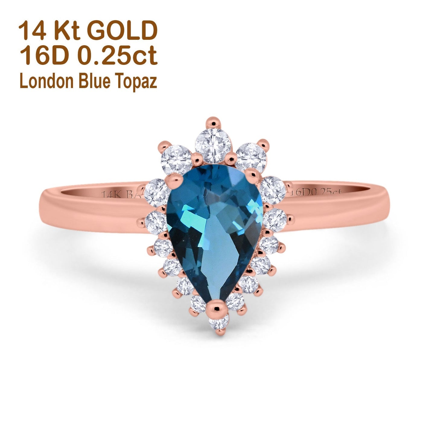 14K Rose Gold 2.00ct Teardrop Pear 9mmx7mm G SI London Blue Topaz Diamond Engagement Wedding Ring Size 6.5