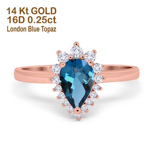 14K Rose Gold 2.00ct Teardrop Pear 9mmx7mm G SI London Blue Topaz Diamond Engagement Wedding Ring Size 6.5