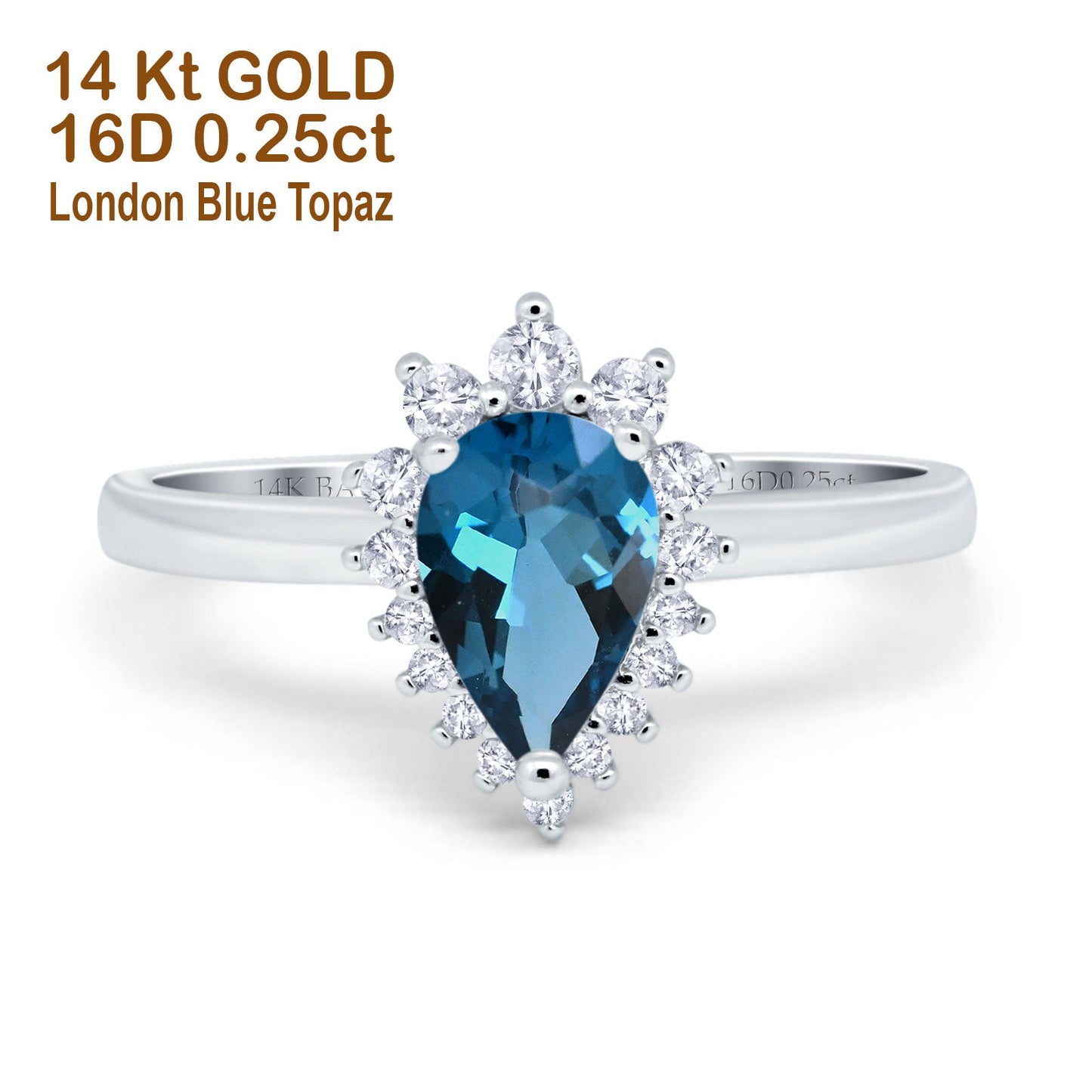 14K White Gold 2.00ct Teardrop Pear 9mmx7mm G SI London Blue Topaz Diamond Engagement Wedding Ring Size 6.5