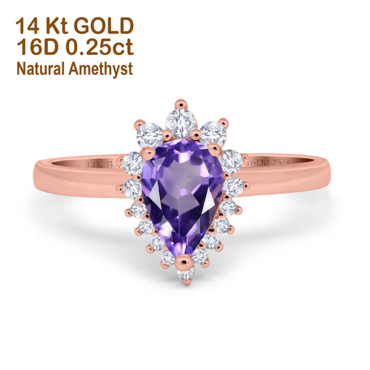 14K Rose Gold 2.00ct Teardrop Pear 9mmx7mm G SI Natural Amethyst Diamond Engagement Wedding Ring Size 6.5