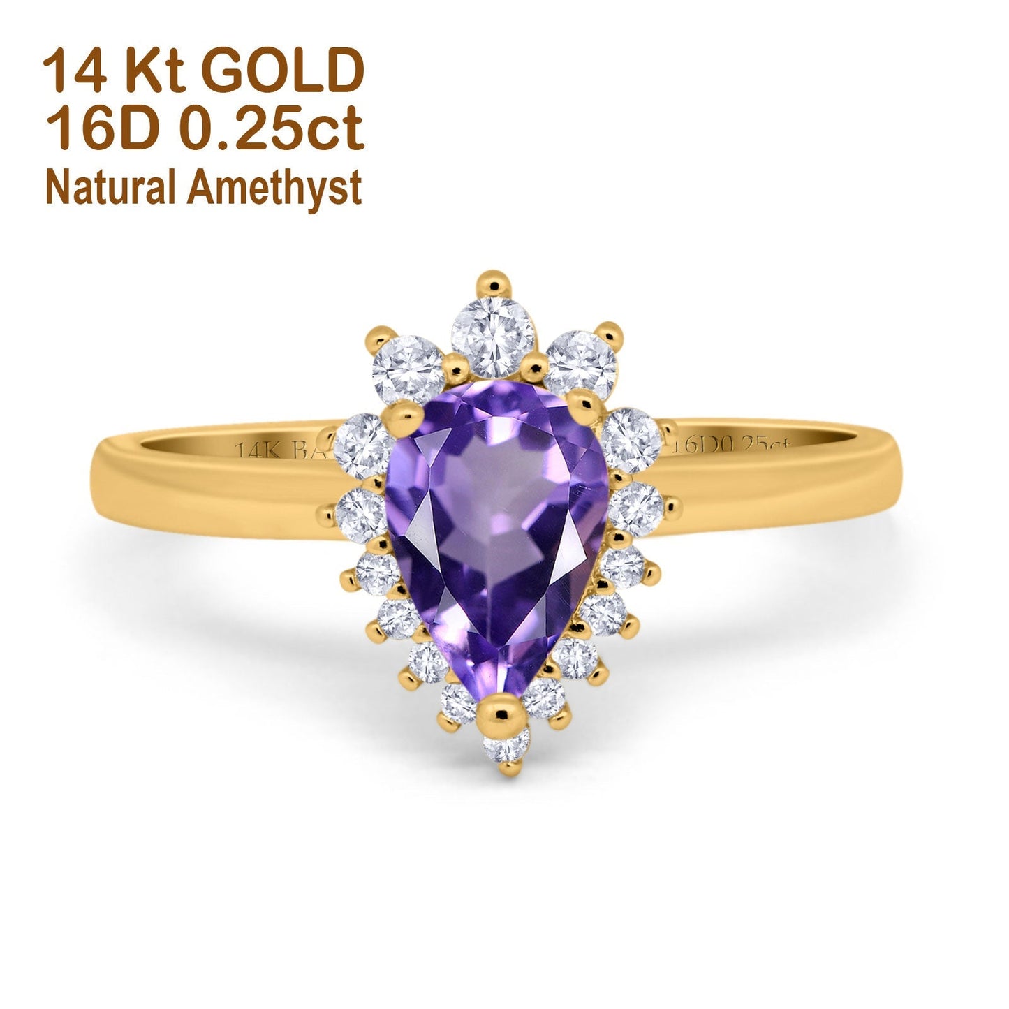 14K Yellow Gold 2.00ct Teardrop Pear 9mmx7mm G SI Natural Amethyst Diamond Engagement Wedding Ring Size 6.5