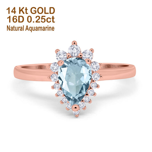 14K Rose Gold 2.00ct Teardrop Pear 9mmx7mm G SI Natural Aquamarine Diamond Engagement Wedding Ring Size 6.5