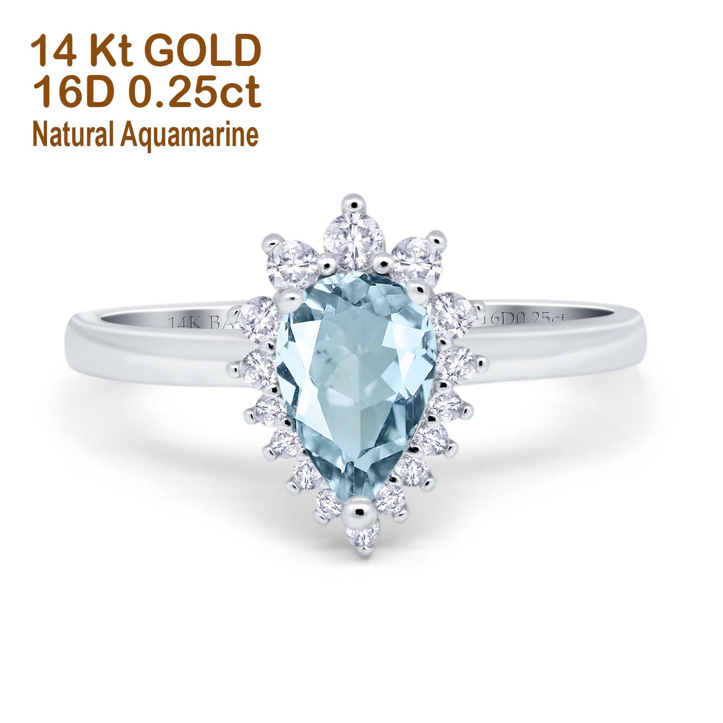 14K White Gold 2.00ct Teardrop Pear 9mmx7mm G SI Natural Aquamarine Diamond Engagement Wedding Ring Size 6.5